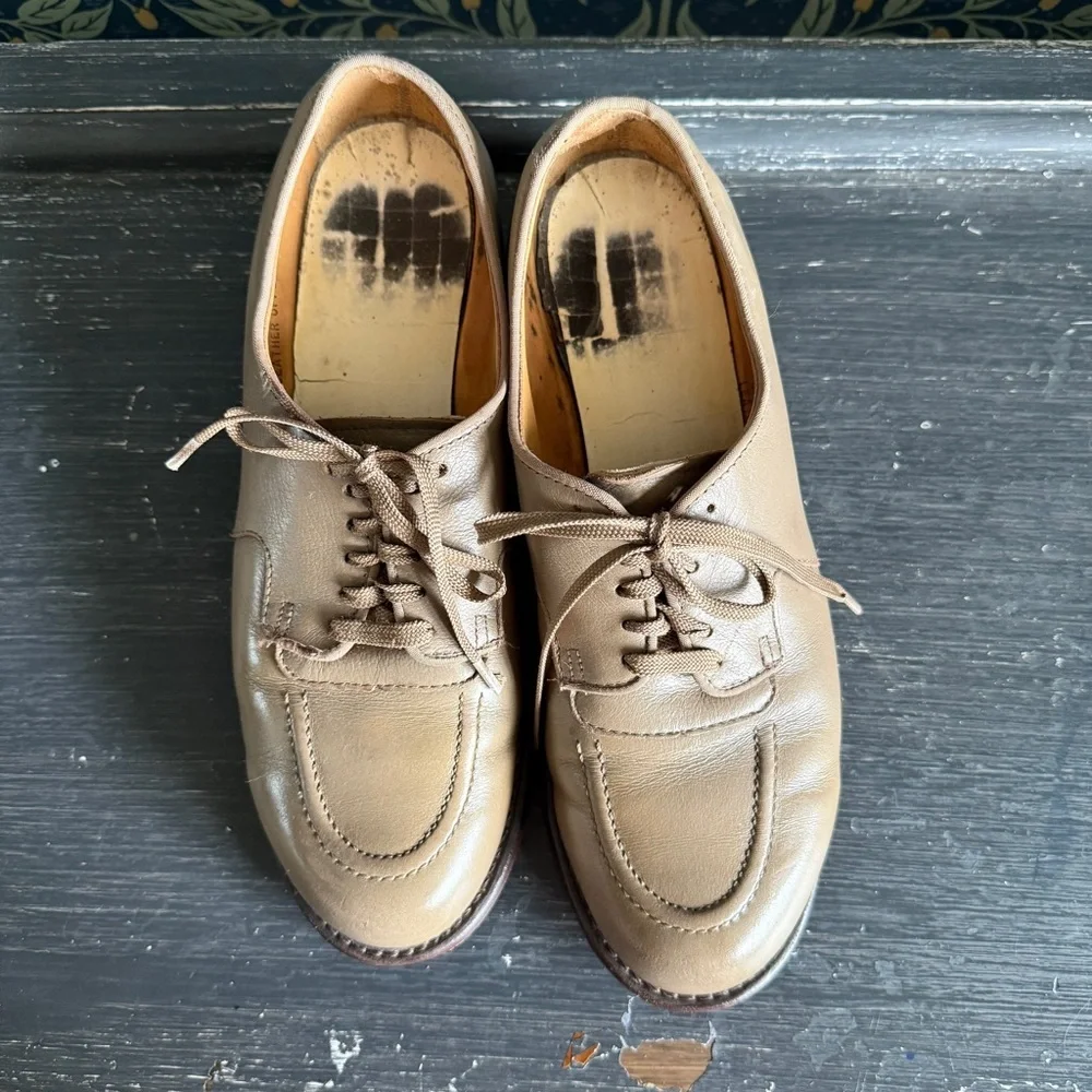 Vintage 50s Taupe Tan Leather Oxford Loafer - Picture 2 of 11